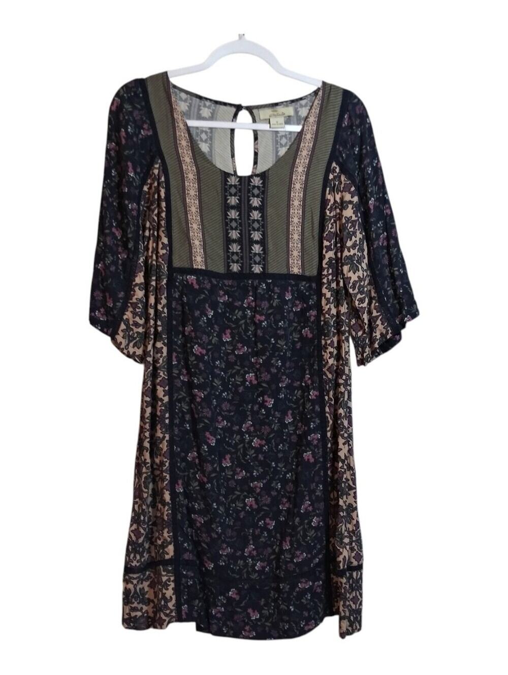 Bob Timberlake Boho Floral Patch Panel Short Dress in Navy Size Small